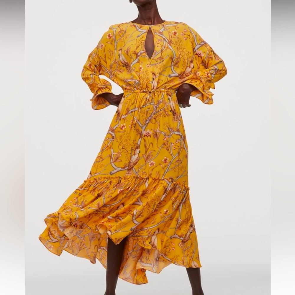 Johanna Ortiz x H&M Yellow Midi Dress Botanical Bird Print | Size M